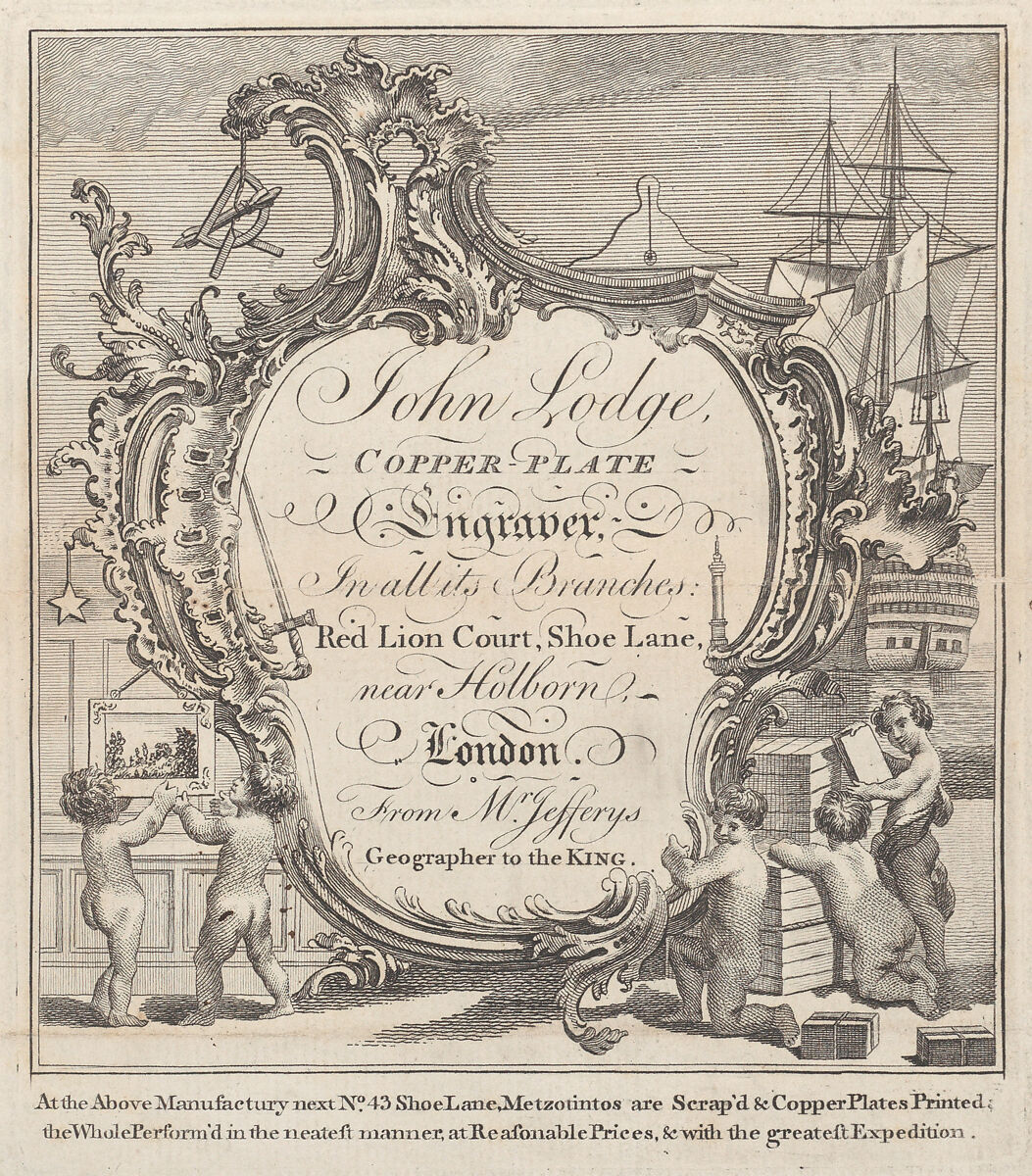 Trade Card for John Lodge, Copper Plate Engraver, Anonymous, British, 18th century, Engraving 