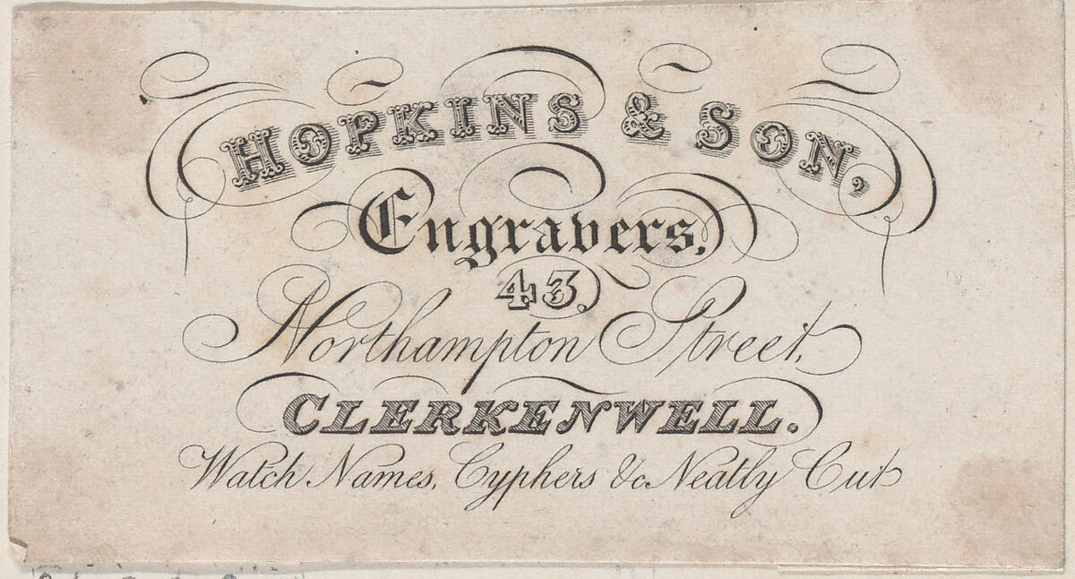 Trade Card for Hopkins & Son, Engravers, Anonymous, British, 18th century, Engraving 