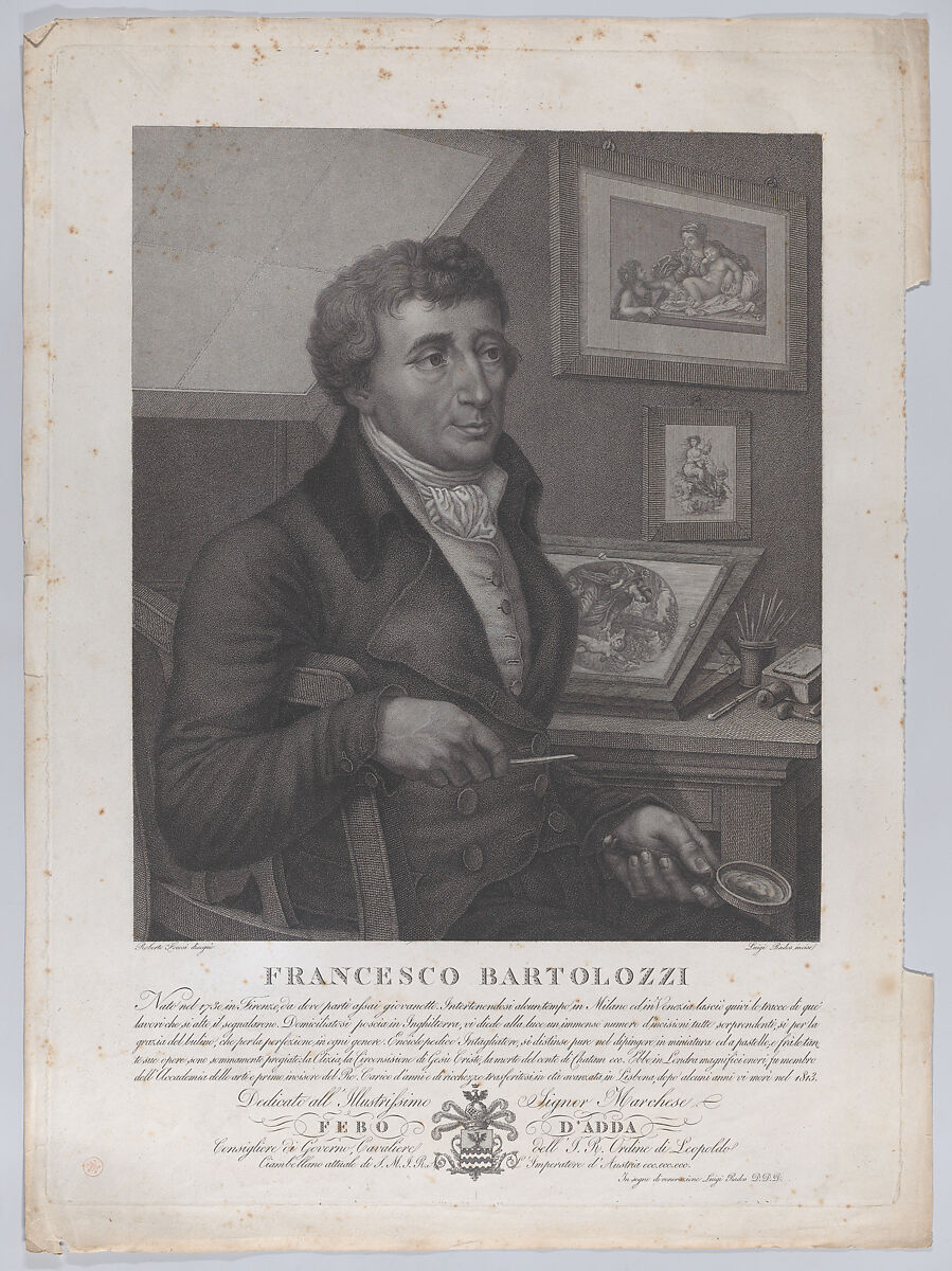 Portrait of Francesco Bartolozzi, seated, holding a magnifying glass with printmaking tools and a plate on the desk behind him, Luigi Rados (Italian, Parma 1773–1840), Stipple etching and engraving 
