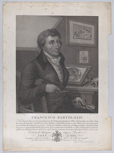 Portrait of Francesco Bartolozzi, seated, holding a magnifying glass with printmaking tools and a plate on the desk behind him