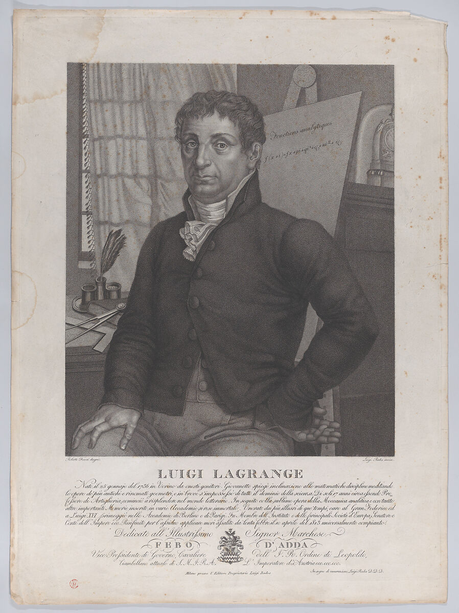 Portrait of Luigi Lagrange, seated with an easel behind him at right with a mathematical equation, Luigi Rados (Italian, Parma 1773–1840), Stipple etching and engraving 