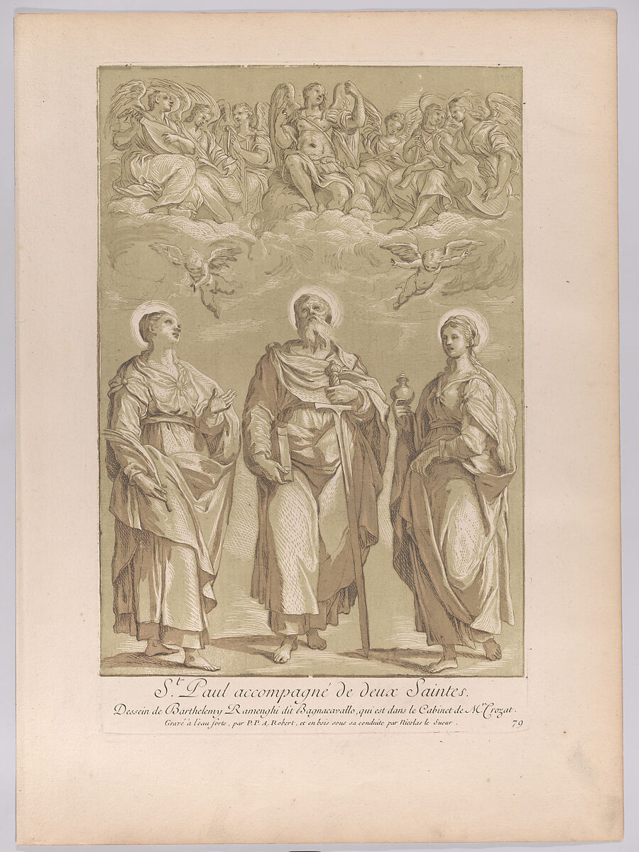 Saint Paul accompanied by two female saints with angels above, Paul Ponce Antoine Robert-de-Seri (French, 1686–1733), Etching and aquatint in green ink 