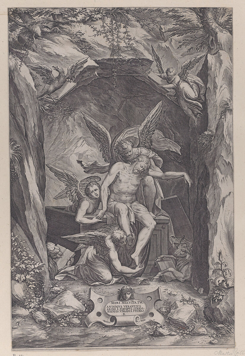 Christ rising from the tomb, assisted by two angels, Martino Rota (Italian, ca. 1520–1583 (active Venice, Graz, Vienna and Prague)), Engraving 