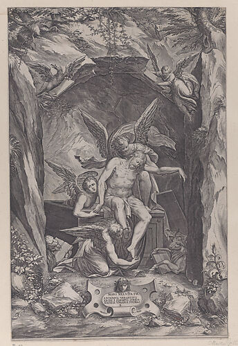 Christ rising from the tomb, assisted by two angels