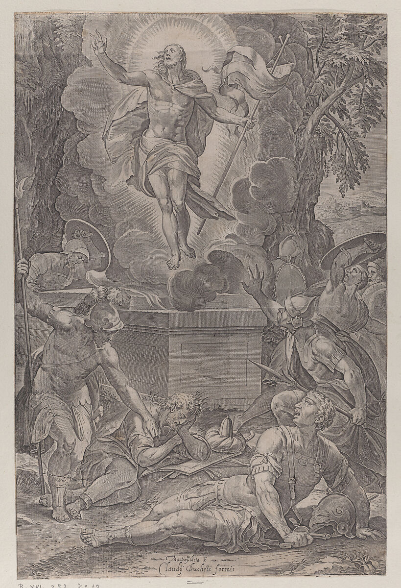 The Resurrection of Christ, with soldiers awakening before the tomb, Martino Rota (Italian, ca. 1520–1583 (active Venice, Graz, Vienna and Prague)), Engraving 
