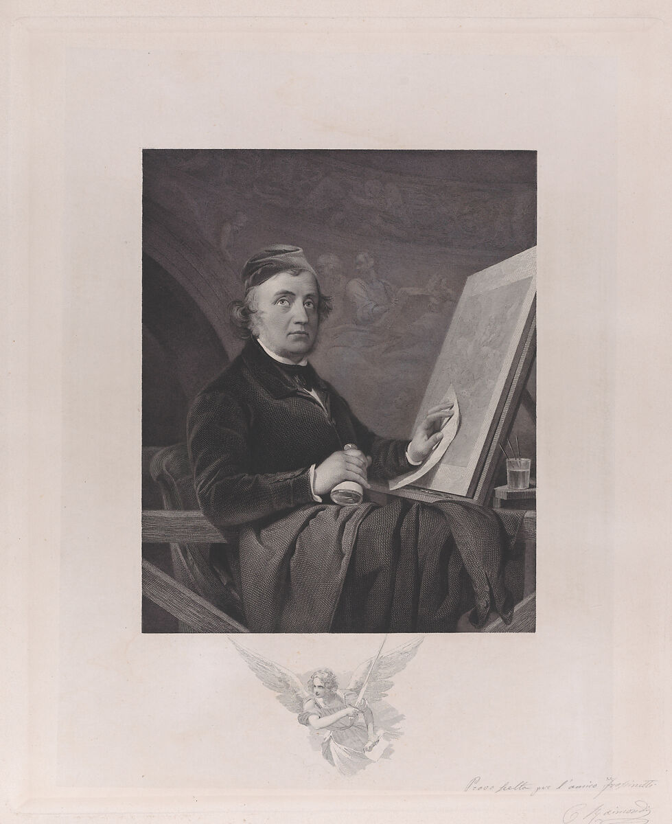 Portrait of Paolo Toschi, seated at an easel, Carlo Raimondi (Italian, Bocche di Cattoro 1809–1883 Parma), Engraving; printer's proof 