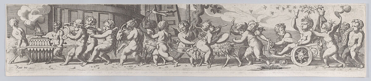 The triumph of the infant Bacchus, who is being pulled along in a chariot by putti playing musical instruments, Attributed to René Boyvin (French, Angers ca. 1525–1598 or 1625/6 Angers), Engraving 