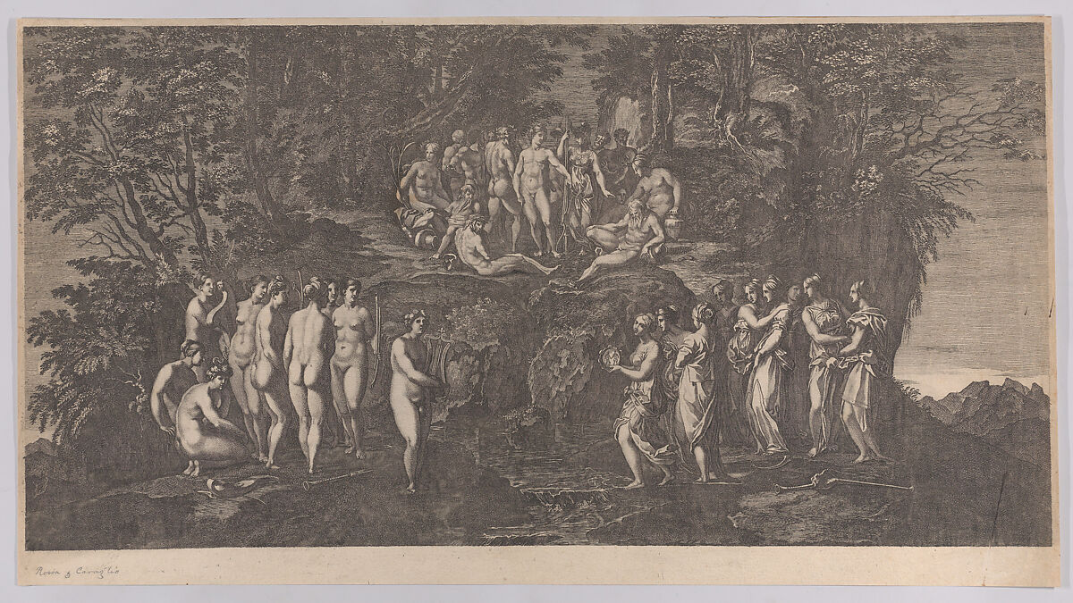 The musical contest between the Muses on one side and the Pierides on the other, judged by the gods of Olympus, Anonymous, Etching 