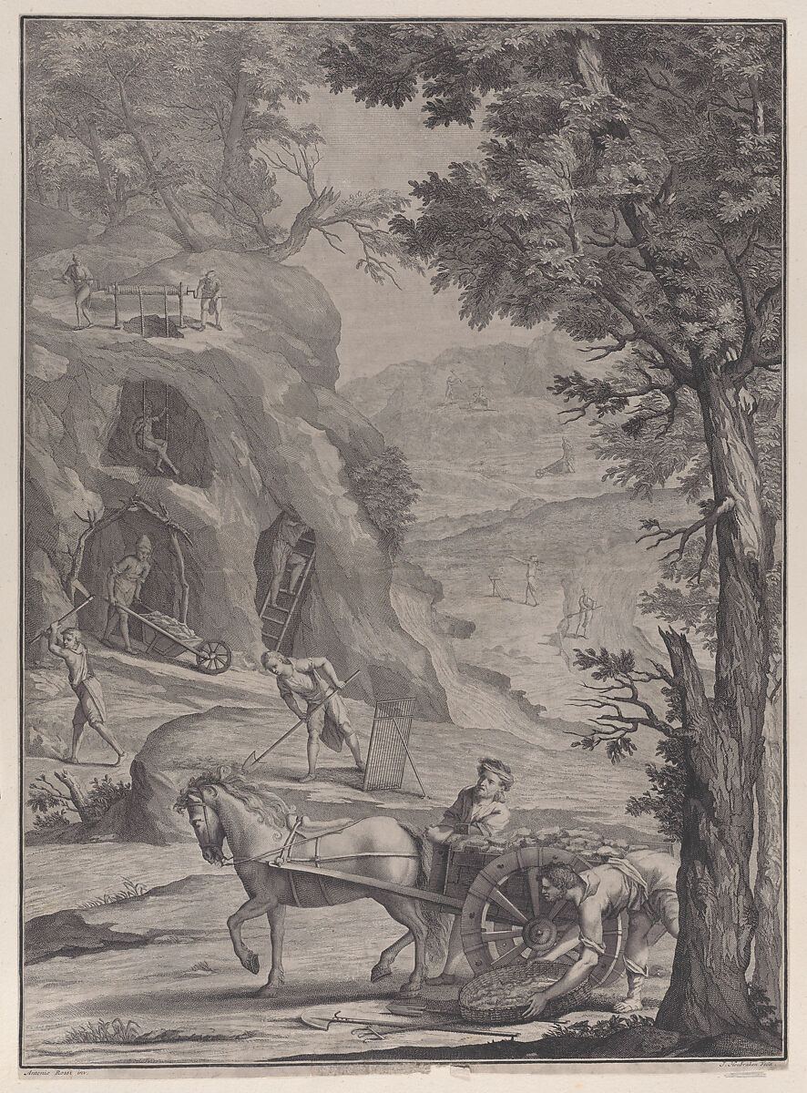 Men quarrying or mining for gold, from 'Danubius Pannonico-Mysicus' (Volume 3), Jacob Houbraken (Dutch, Dordrecht 1698–1780 Amsterdam), Etching 