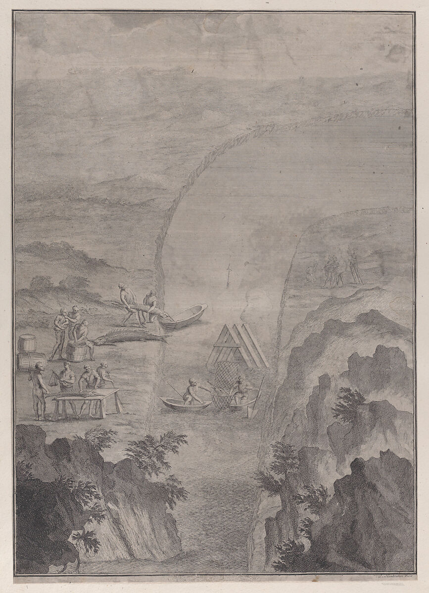 Men fishing with nets in a river, from 'Danubius Pannonico-Mysicus' (Volume 3), Jacob Houbraken (Dutch, Dordrecht 1698–1780 Amsterdam), Etching 
