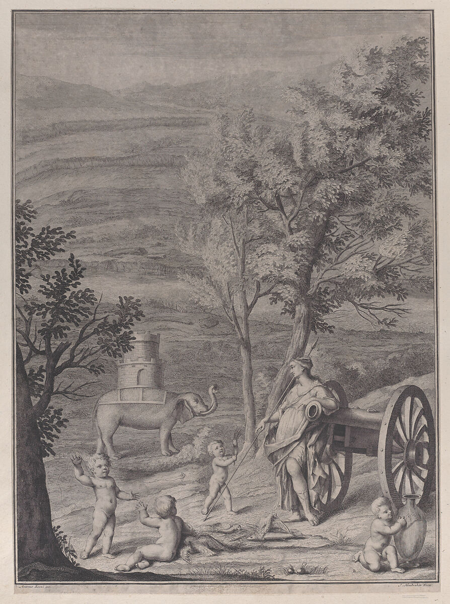 A woman standing against a cannon at right, putti in the foreground, and an elephant with a tower on its back in the background at left, from 'Danubius Pannonico-Mysicus' (Volume 3), Jacob Houbraken (Dutch, Dordrecht 1698–1780 Amsterdam), Etching 