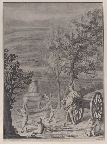 A woman standing against a cannon at right, putti in the foreground, and an elephant with a tower on its back in the background at left, from 'Danubius Pannonico-Mysicus' (Volume 3)