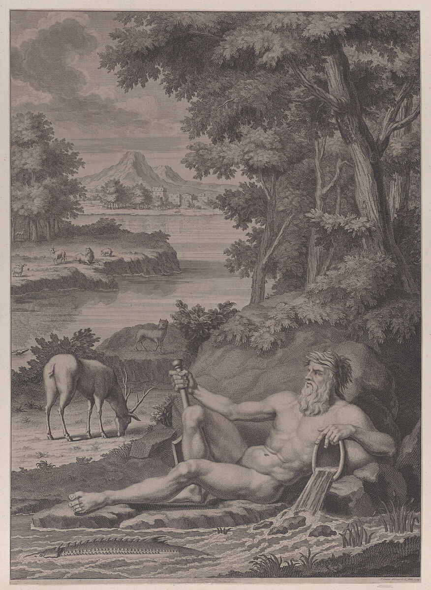 River god in a landscape, Frederik Ottens (Dutch, active 1717–70), Etching 