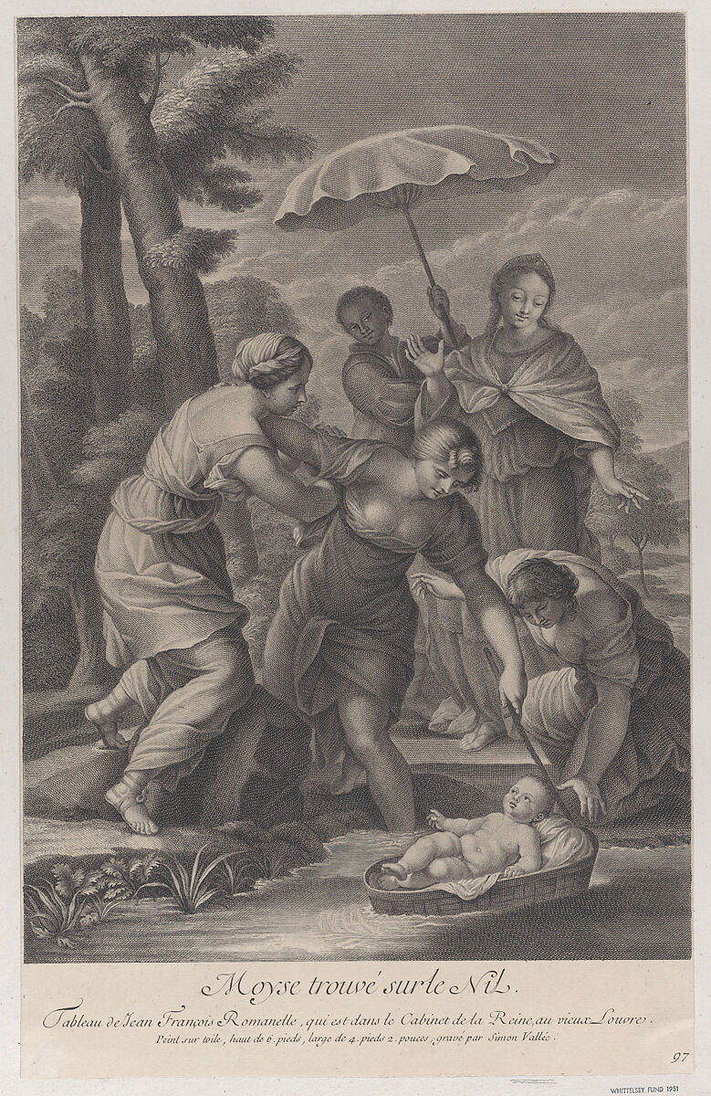 Three women pulling in the basket with the infant Moses from the water, Simon de la Vallée (French, 1680–ca. 1730), Etching and engraving 