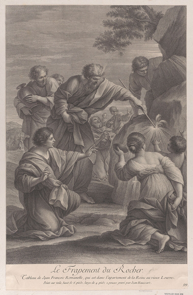 Moses striking the rock with a stick to bring forth water, while the Israelites look on in amazement, Jean-Baptiste Haussard (French, Paris 1679 or 1680–1749 Paris), Etching and engraving 