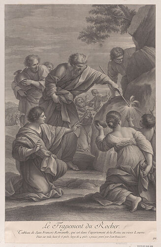 Moses striking the rock with a stick to bring forth water, while the Israelites look on in amazement