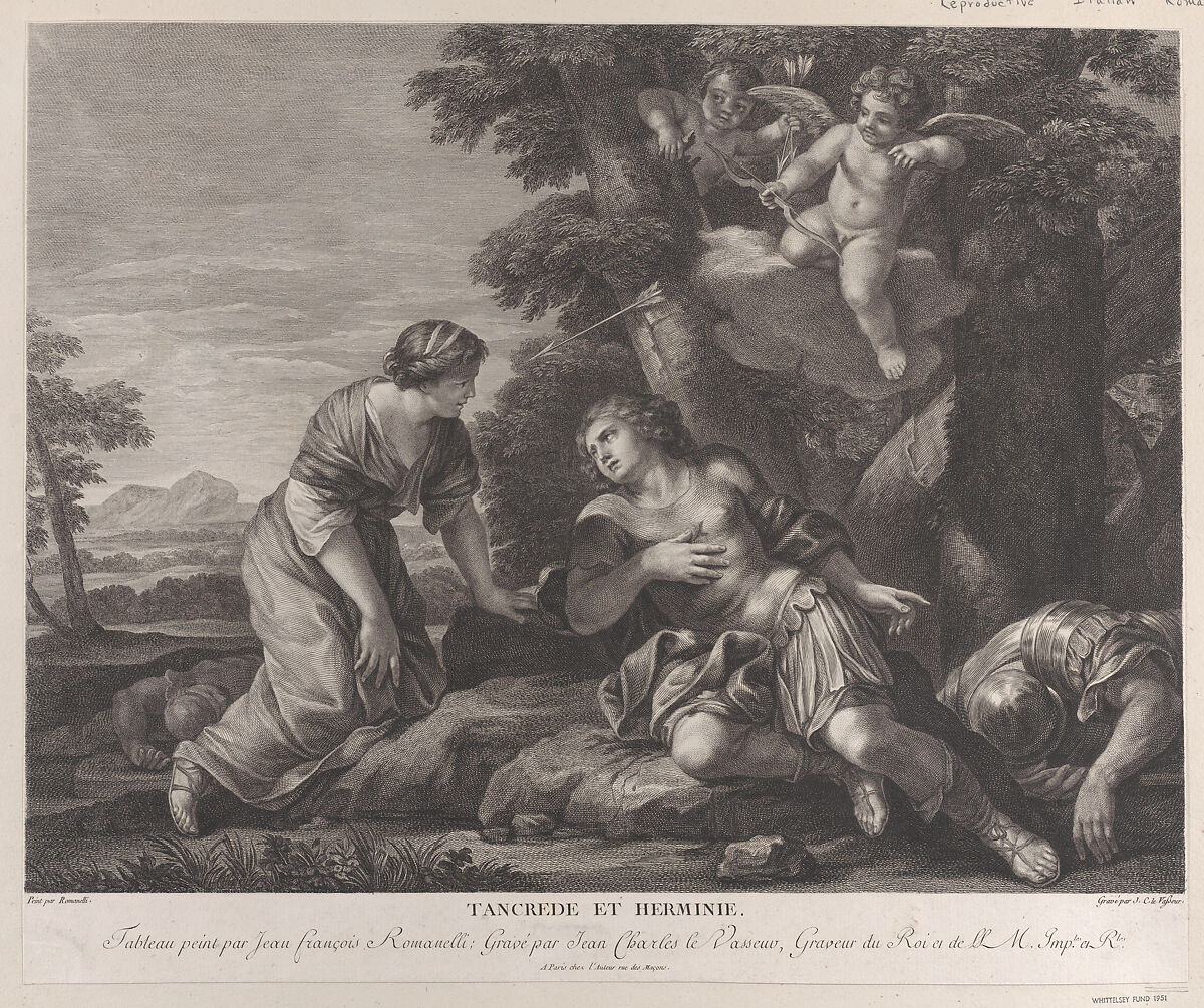Tancrede and Herminia, within a landscape, as Cupid shoots an arrow towards Herminia at upper right, Jean Charles Le Vasseur (French, Abbeville 1734–1816 Paris), Etching and engraving 