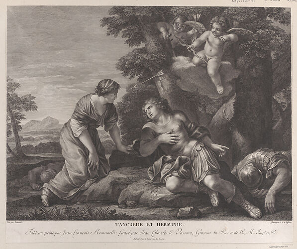 Tancrede and Herminia, within a landscape, as Cupid shoots an arrow towards Herminia at upper right