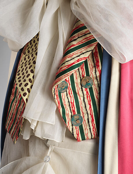 Ensemble, John Galliano (founded 1984), (a) silk, cotton, mohair, copper-plated steel, (b) cotton, mother-of-pearl, (c) cotton, (d) cotton, wool, copper-plated steel, (e) silk, (f) silk, (g) glass, clay, (h) cherry wood, metal, (i) wool, British