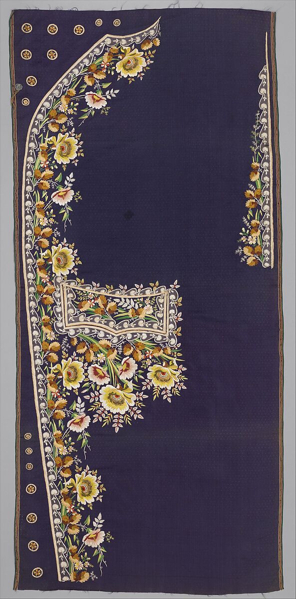 Embroidered panels for a man's suit, Silk embroidery on woven silk, satin stitch; stem stitch, knots and silk net, French