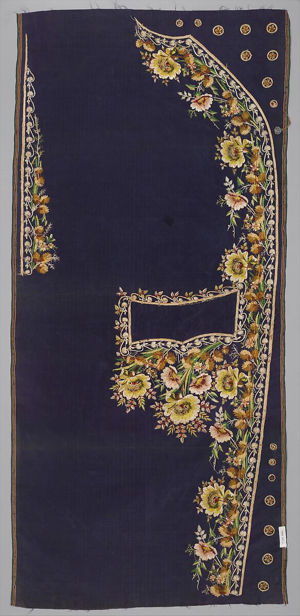 Embroidered panels for a man's suit, Silk embroidery on woven silk, satin stitch; stem stitch, knots and silk net, French