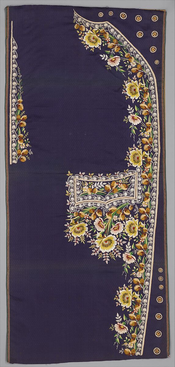 Embroidered panels for a man's suit, Silk embroidery on woven silk, satin stitch; stem stitch, knots and silk net, French