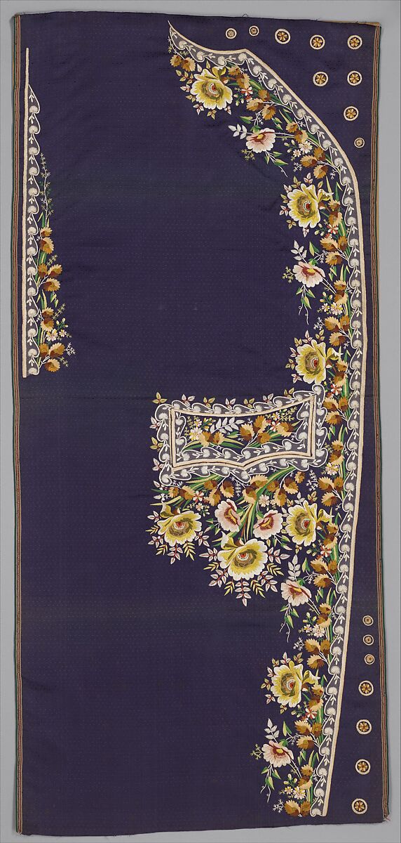 Embroidered panels for a man's suit, Silk embroidery on woven silk, satin stitch; stem stitch, knots and silk net, French 