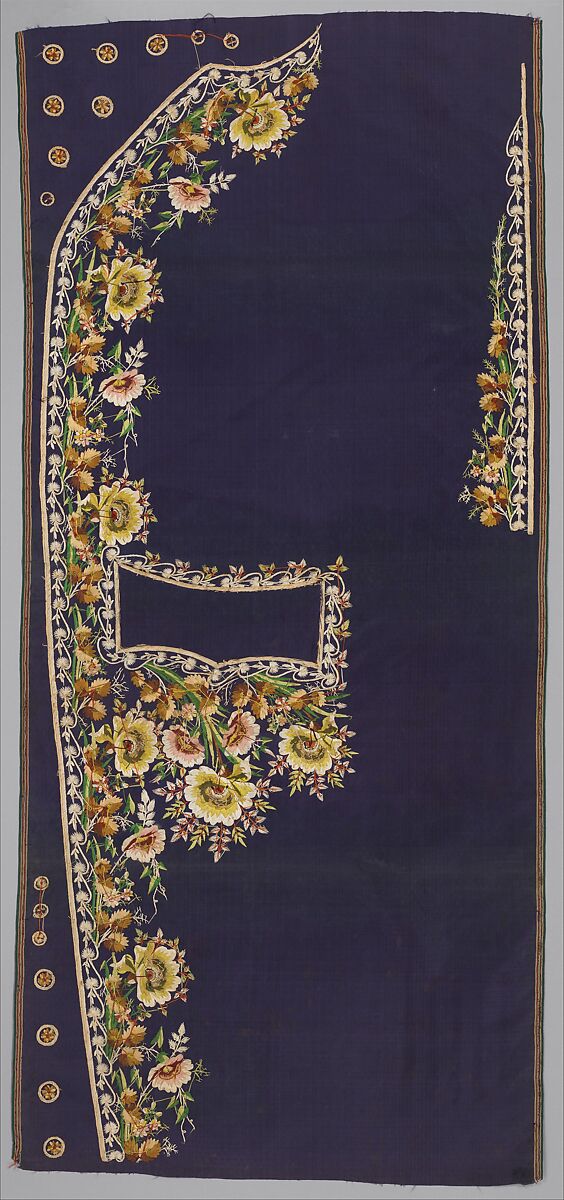 Embroidered panels for a man's suit, Silk embroidery on woven silk, satin stitch; stem stitch, knots and silk net, French