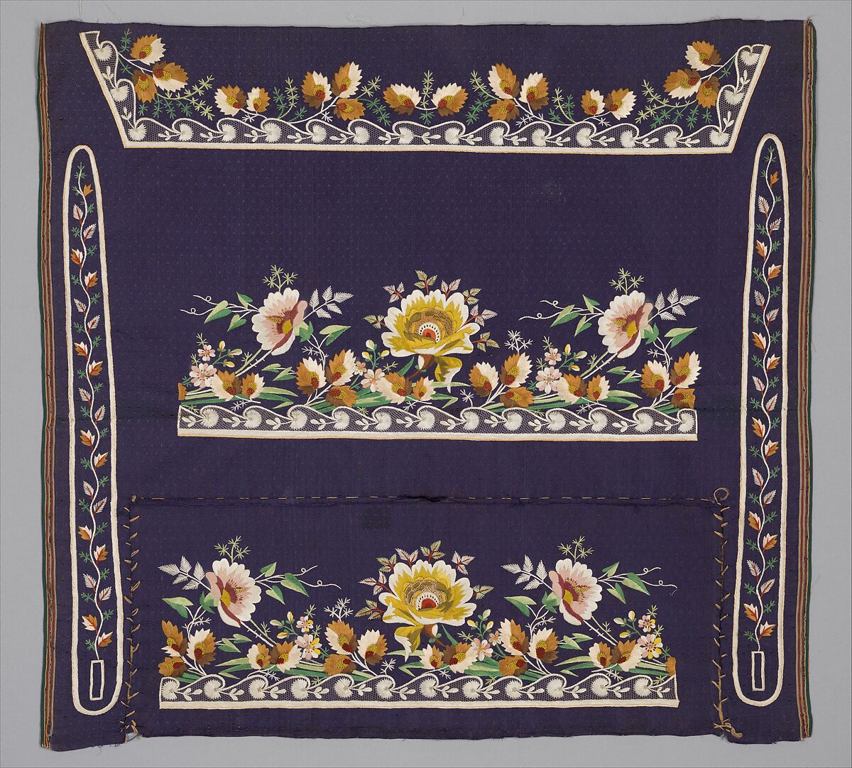 Embroidered panels for a man's suit, Silk embroidery on woven silk, satin stitch; stem stitch, knots and silk net, French