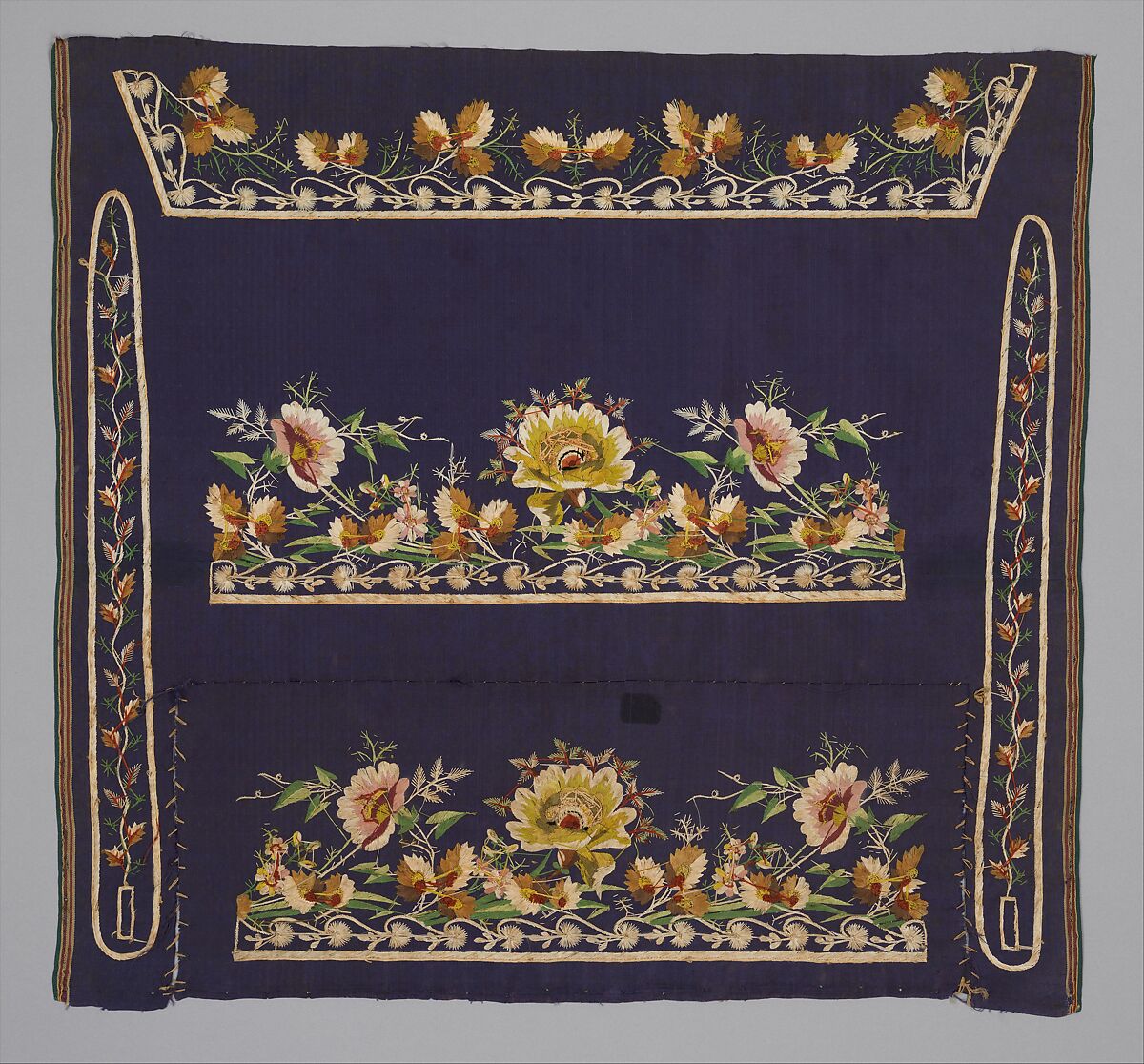 Embroidered panels for a man's suit, Silk embroidery on woven silk, satin stitch; stem stitch, knots and silk net, French