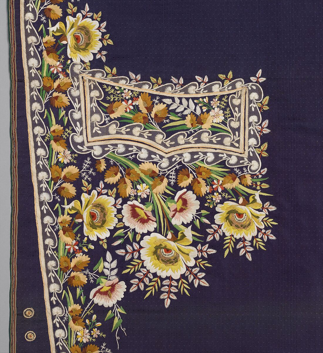 Embroidered panels for a man's suit, Silk embroidery on woven silk, satin stitch; stem stitch, knots and silk net, French