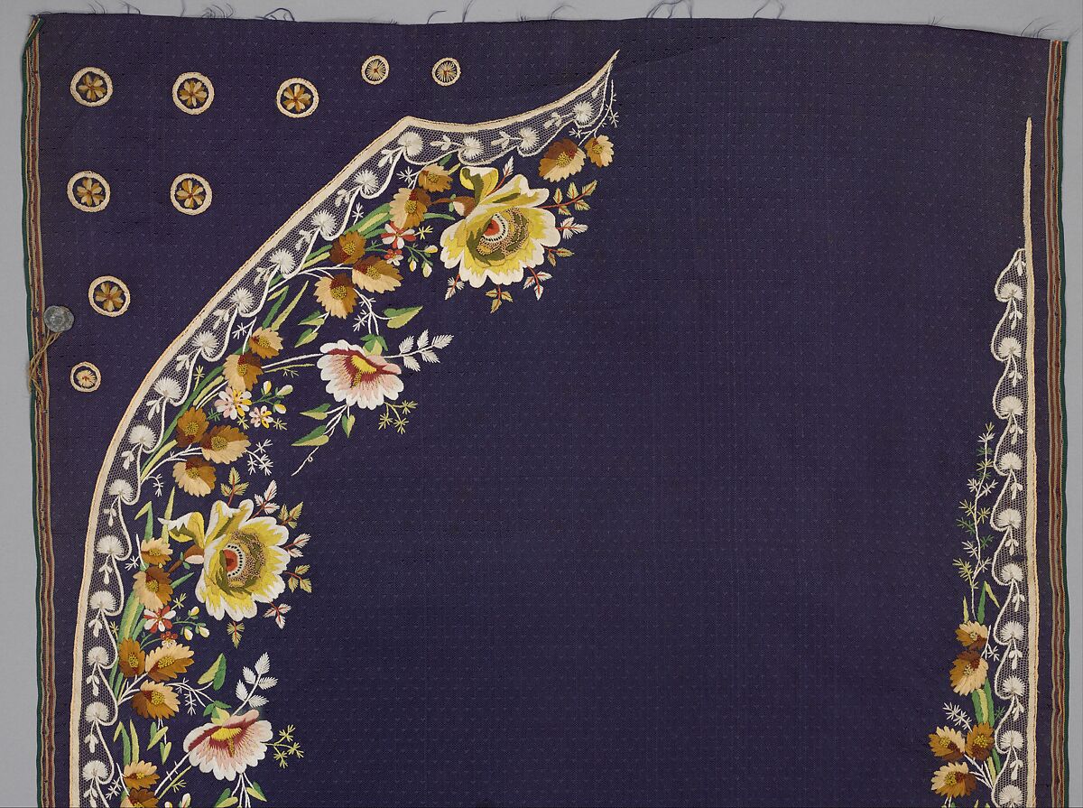 Embroidered panels for a man's suit, Silk embroidery on woven silk, satin stitch; stem stitch, knots and silk net, French