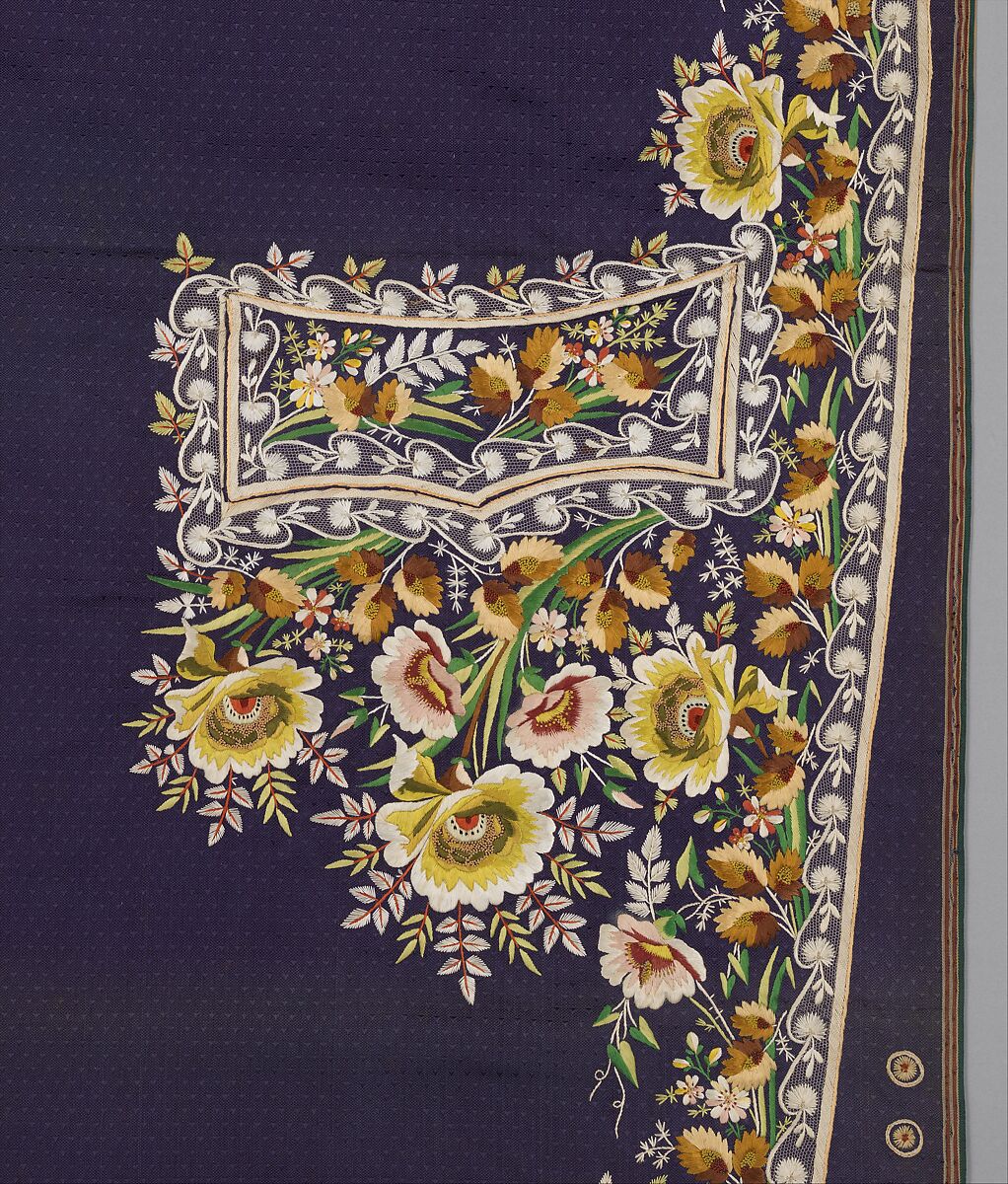 Embroidered panels for a man's suit, Silk embroidery on woven silk, satin stitch; stem stitch, knots and silk net, French