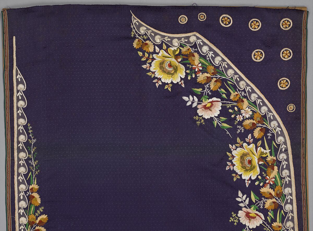 Embroidered panels for a man's suit, Silk embroidery on woven silk, satin stitch; stem stitch, knots and silk net, French