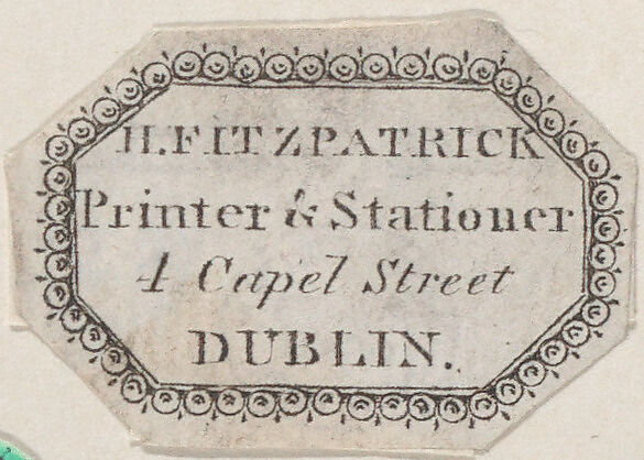 Trade Card for H. Fitzpatrick, Printer and Stationer, Anonymous, Irish, 19th century, Engraving 