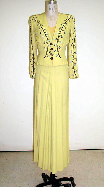 Evening ensemble, Elsa Schiaparelli (Italian, 1890–1973), rayon, silk, metallic thread, metal, plastic, French 