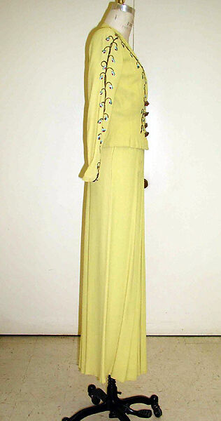 Evening ensemble, Elsa Schiaparelli (Italian, 1890–1973), rayon, silk, metallic thread, metal, plastic, French