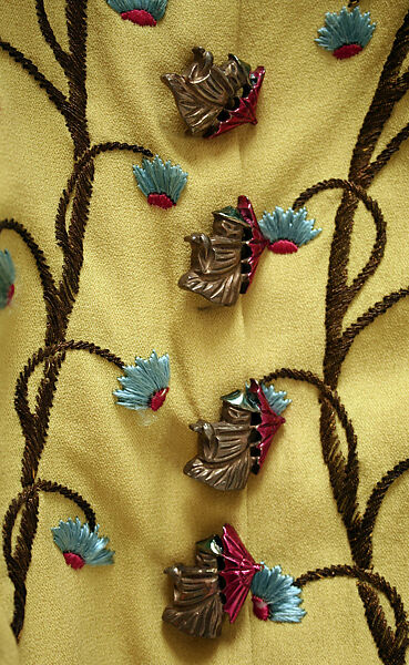 Evening ensemble, Elsa Schiaparelli (Italian, 1890–1973), rayon, silk, metallic thread, metal, plastic, French