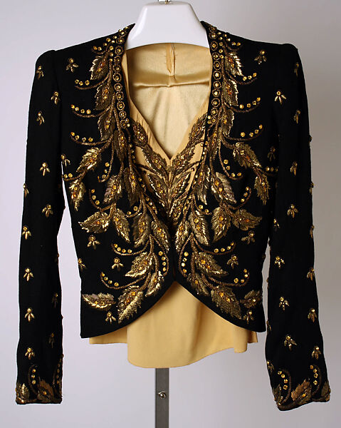 Evening ensemble, Elsa Schiaparelli (Italian, 1890–1973), wool, silk, rayon, metallic thread, glass, plastic, French