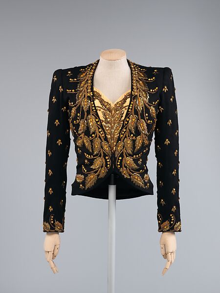 Evening ensemble, Elsa Schiaparelli (Italian, 1890–1973), wool, silk, rayon, metallic thread, glass, plastic, French 