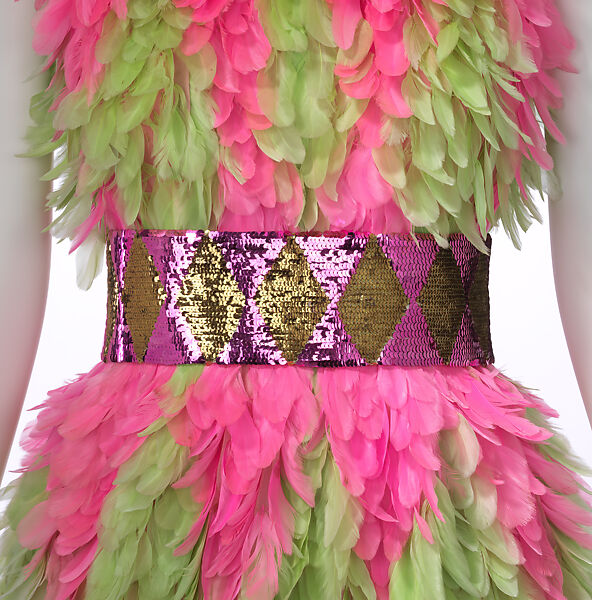 Dress, James Galanos (American, Philadelphia, Pennsylvania, 1924–2016 West Hollywood, California), (a) silk, feathers (goose), metal, (b) silk, metal, American