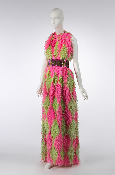 Dress, James Galanos (American, Philadelphia, Pennsylvania, 1924–2016 West Hollywood, California), (a) silk, feathers (goose), metal, (b) silk, metal, American 