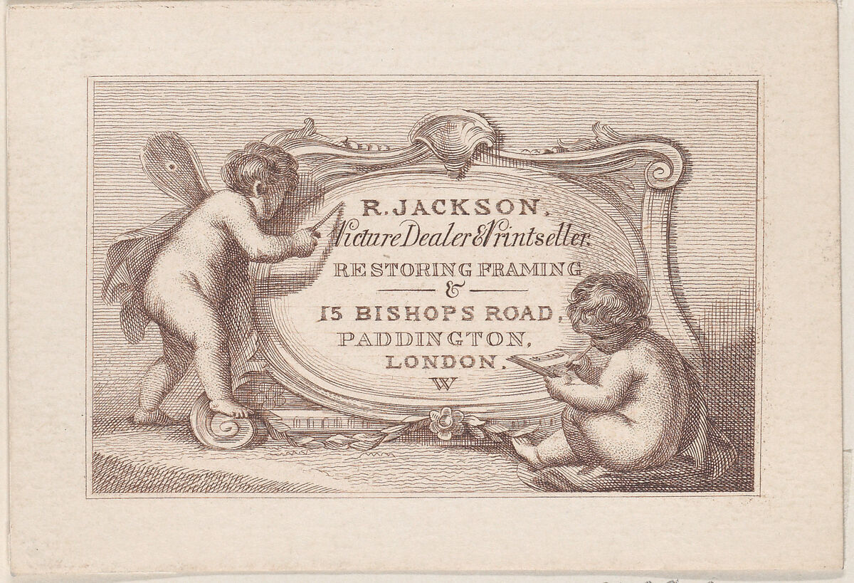 Trade Card for Robert Jackson, Picture Dealer, Printseller, and Restorer, Anonymous, British, 19th century, Engraving 
