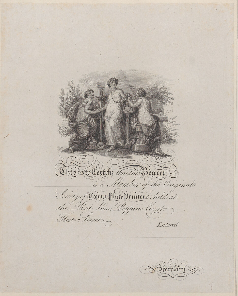 Certificate of Membership of the Society of Copper-Plate Printers, Edward Francis Burney (British, Worcester 1760–1848 London), Engraving 