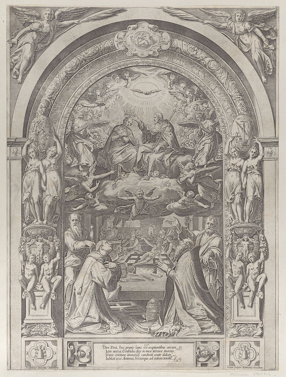 Saints Lawrence, Sixtus, Peter, and Paul adoring the Coronation of the Virgin by Christ above, Anonymous, Engraving 