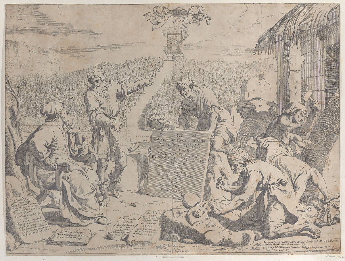 Stonemasons carving the arms of the Bolognese Cardinal Petro Vidono, under his direction, Anonymous, Etching 