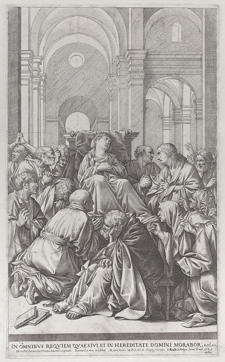 Death of the Virgin, lying on a chair at center, surrounded by Apostles, inside a temple, Jean Le Clerc (French, Nancy 1587–1632/33 Nancy), Etching 