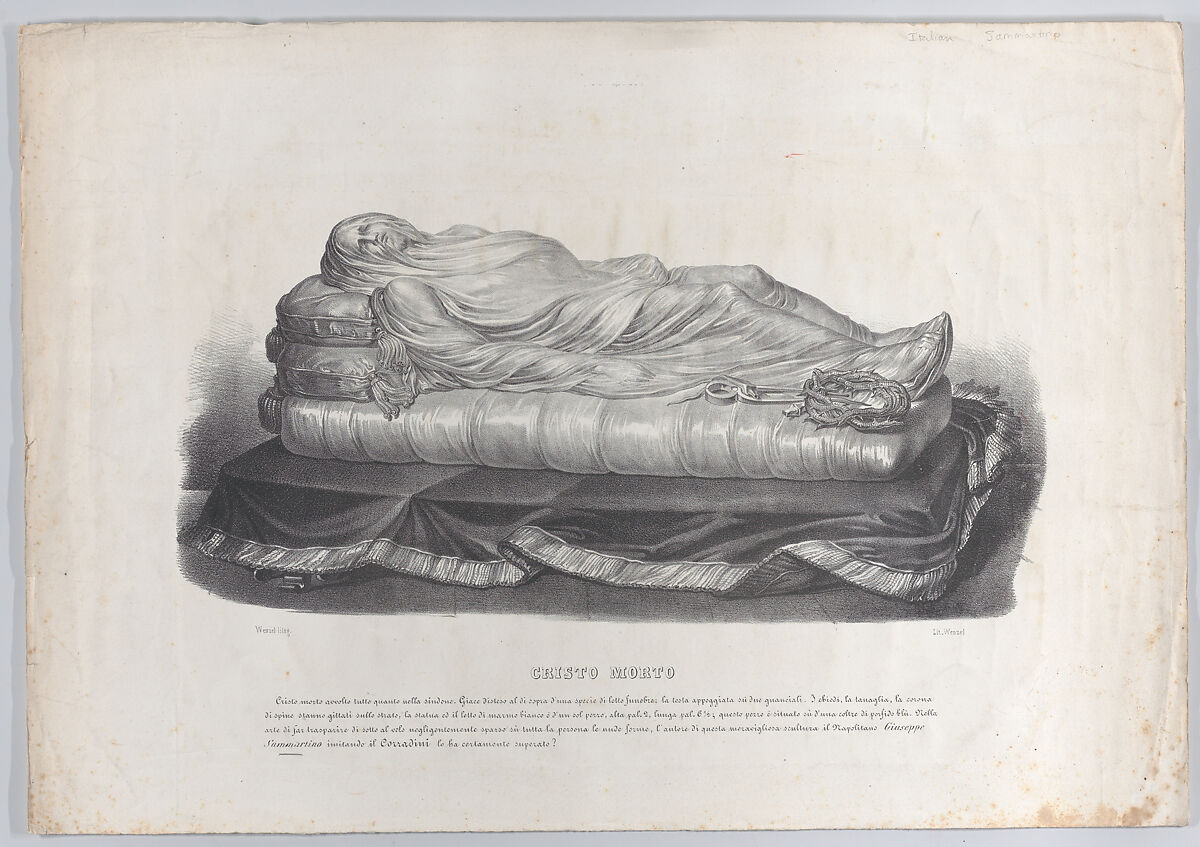 The dead Christ, wrapped in a shroud, after the marble statue in the Sansevero Chapel, Naples, Francesco Wenzel (Italian, active Naples, 1827–50), Lithograph 