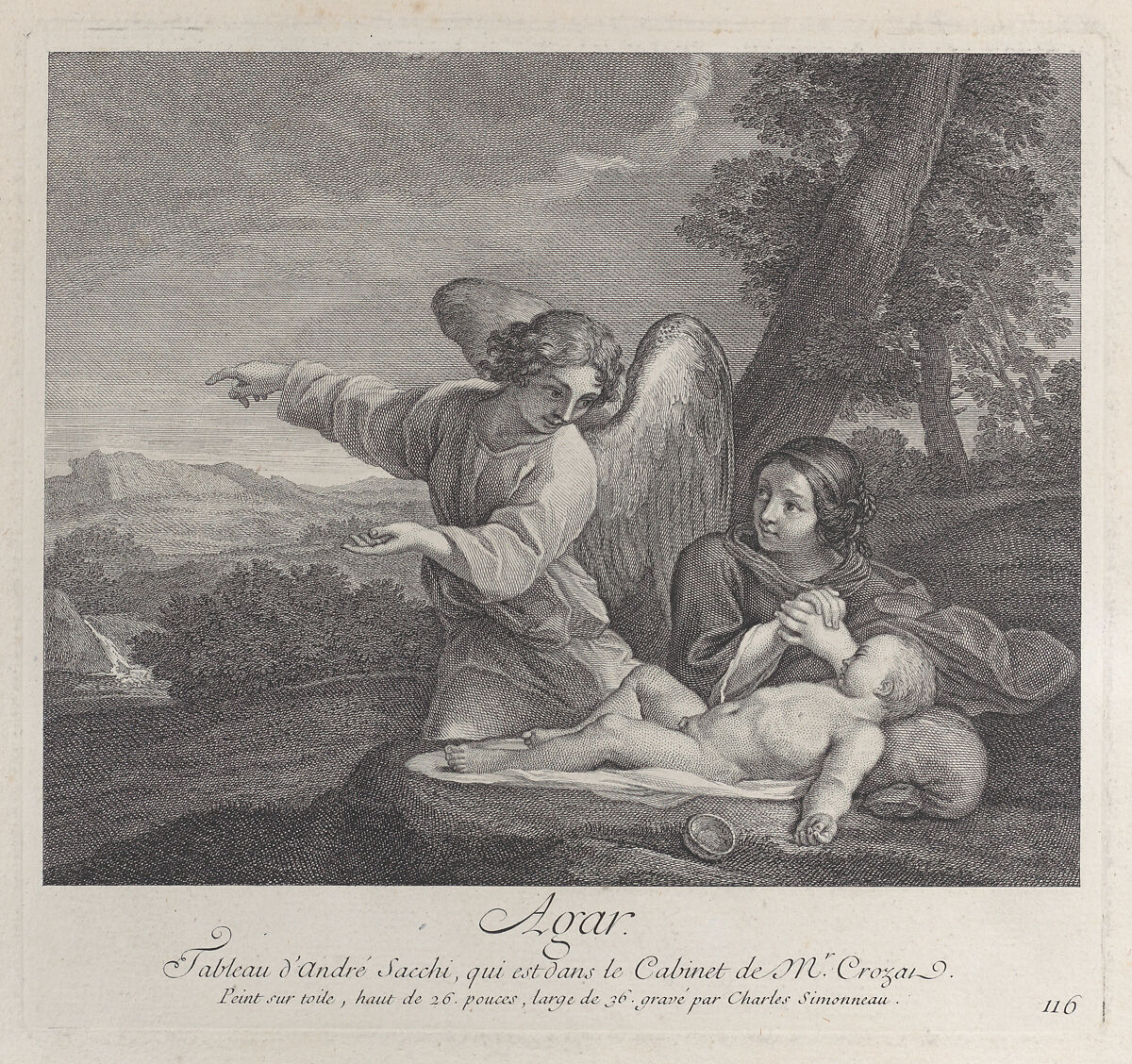 The angel appearing to Hagar in the wilderness as she folds her hands next to the sleeping Ishmael, Charles Simonneau (French, Orléans before 1645–1728 Paris), Etching and engraving 