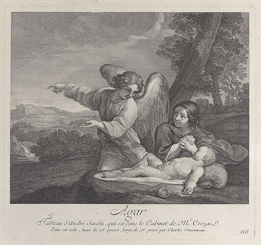 The angel appearing to Hagar in the wilderness as she folds her hands next to the sleeping Ishmael